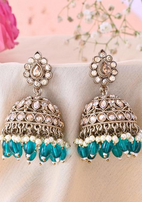 Teal Green Stone Studded Done Shapped Jumkas