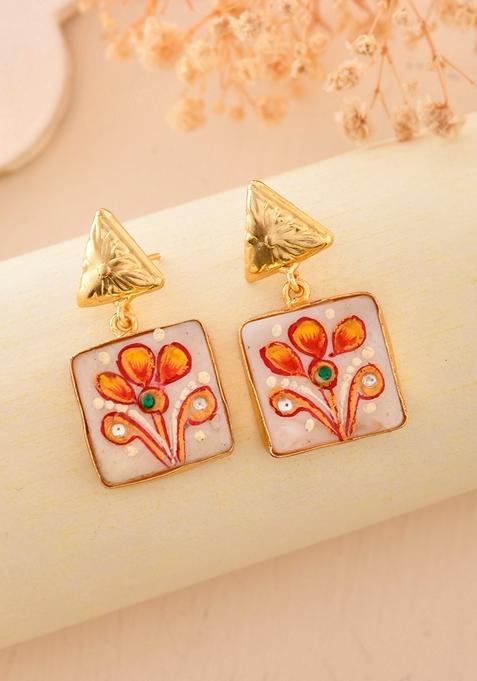Gold Plated Hand Painted Drop Stud Earrings