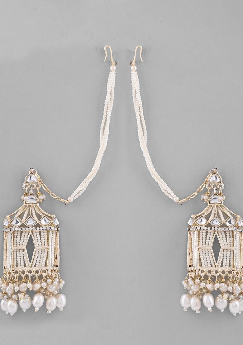 White Handcrafted Pearls Beaded Chandbali Earrings With Chain