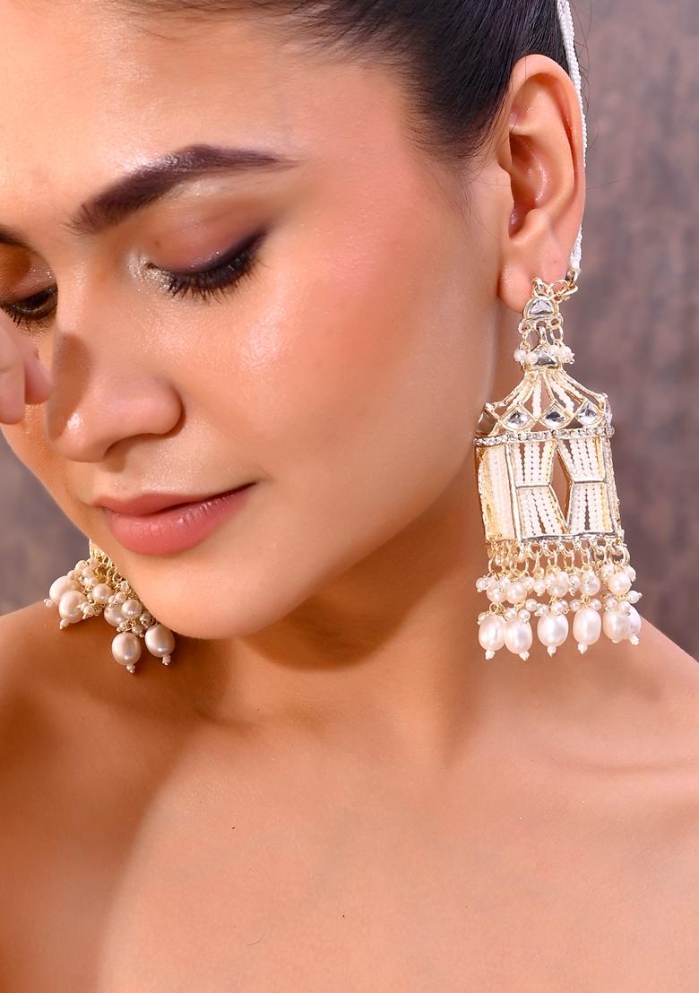 White Handcrafted Pearls Beaded Chandbali Earrings With Chain