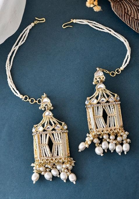 White Handcrafted Pearls Beaded Chandbali Earrings With Chain