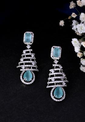 Silver Plated Mint Green Ad Stone Studded Dome Shaped Earrings