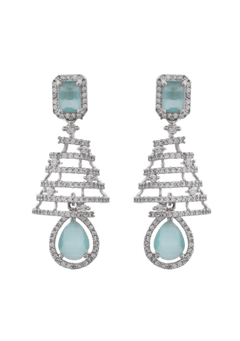 Silver Plated Mint Green Ad Stone Studded Dome Shaped Earrings