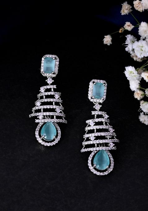 Silver Plated Mint Green Ad Stone Studded Dome Shaped Earrings