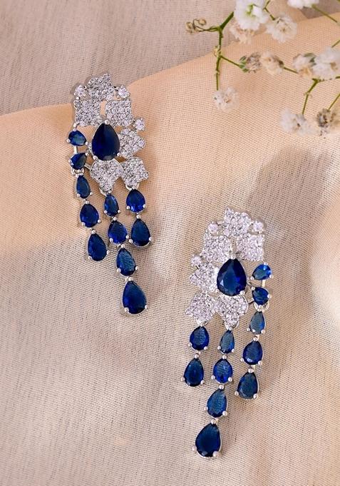 Blue Ad And Blue Stone Studded Layer Drop Earrings