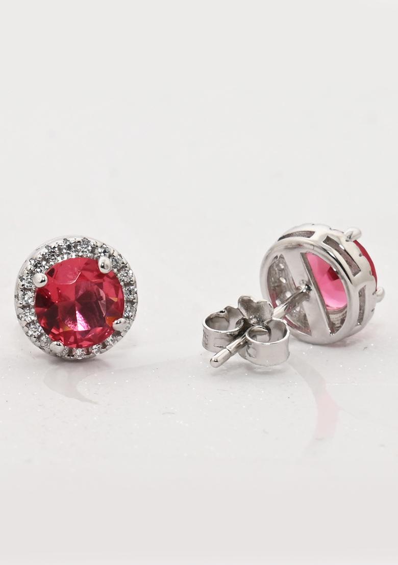 925 Pure Silver Zircon Studded Red Stone Stud Earrings