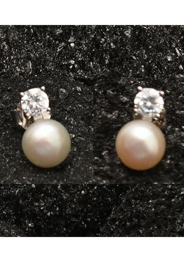 925 Pure Silver Zircon Studded Pearl Stud Earrings