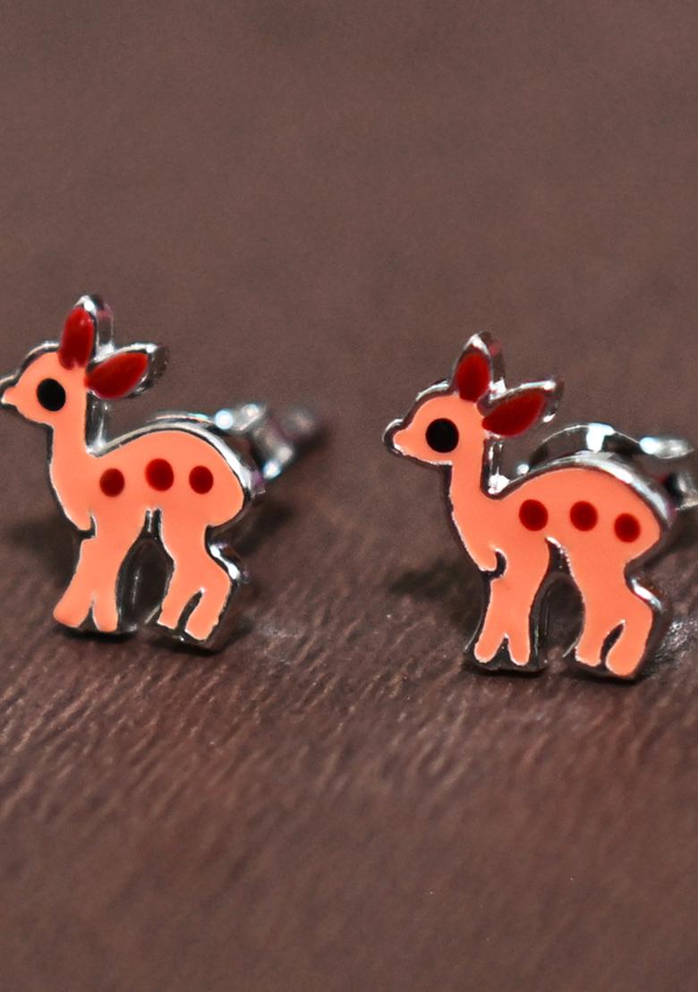 Orange 925 Pure Silver Deer Inspired Stud Earrings
