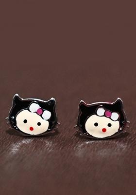 Black And White 925 Pure Silver Kitty Inspired Stud Earrings