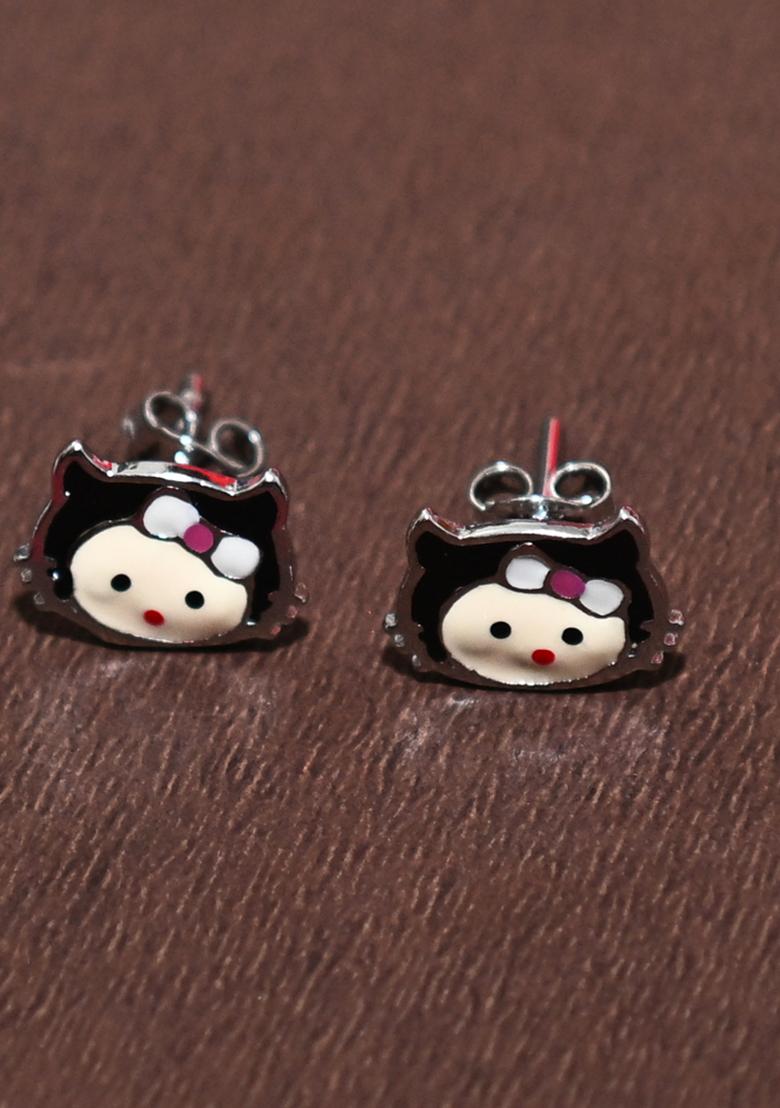 Black And White 925 Pure Silver Kitty Inspired Stud Earrings
