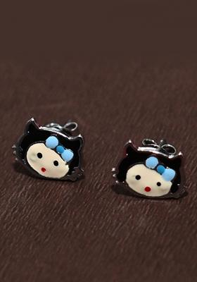 Blue And Black 925 Pure Silver Kitty Inspired Stud Earrings