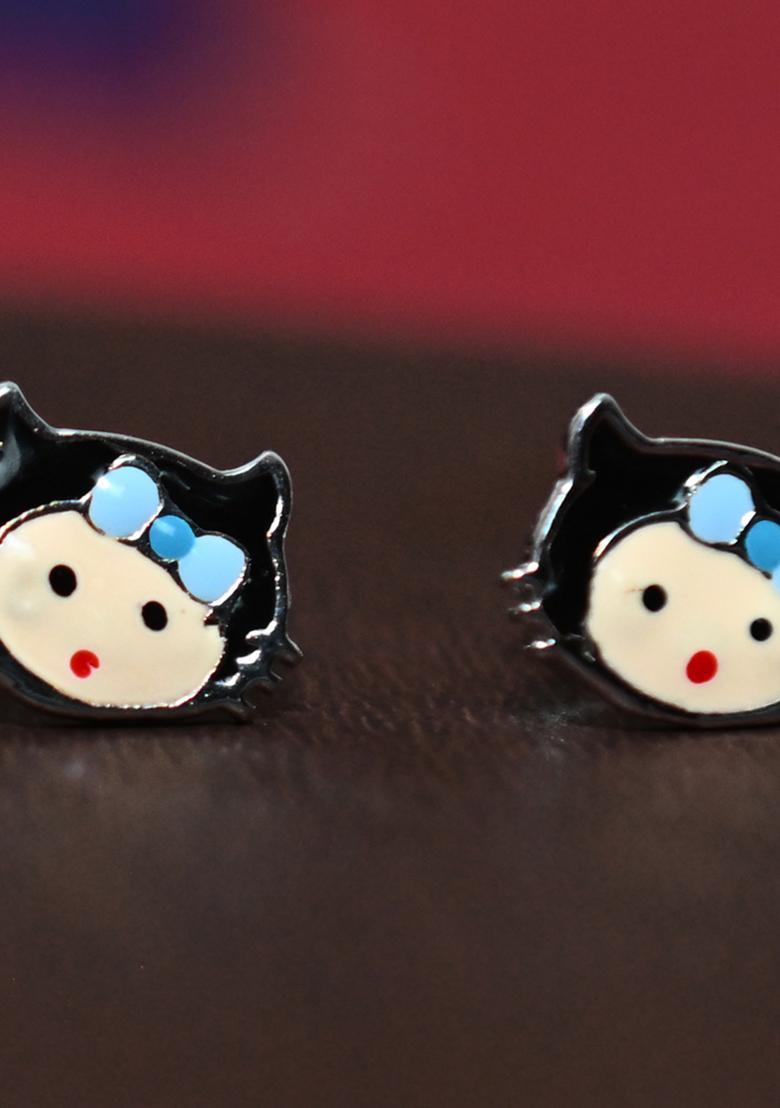 Blue And Black 925 Pure Silver Kitty Inspired Stud Earrings
