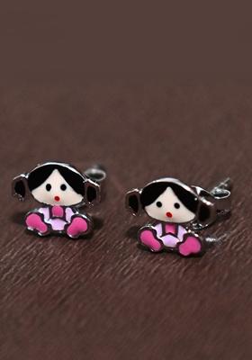 Pink And Black 925 Pure Silver Doll Inspired Stud Earrings
