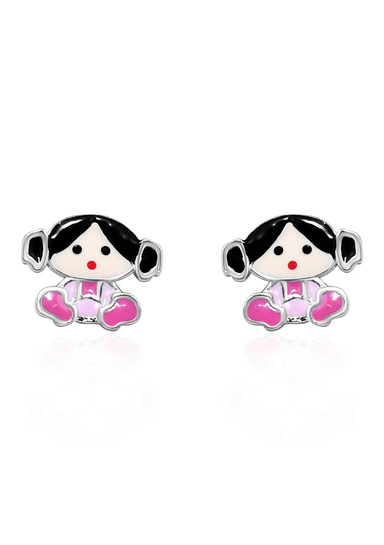 Pink And Black 925 Pure Silver Doll Inspired Stud Earrings