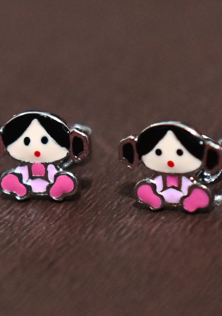 Pink And Black 925 Pure Silver Doll Inspired Stud Earrings