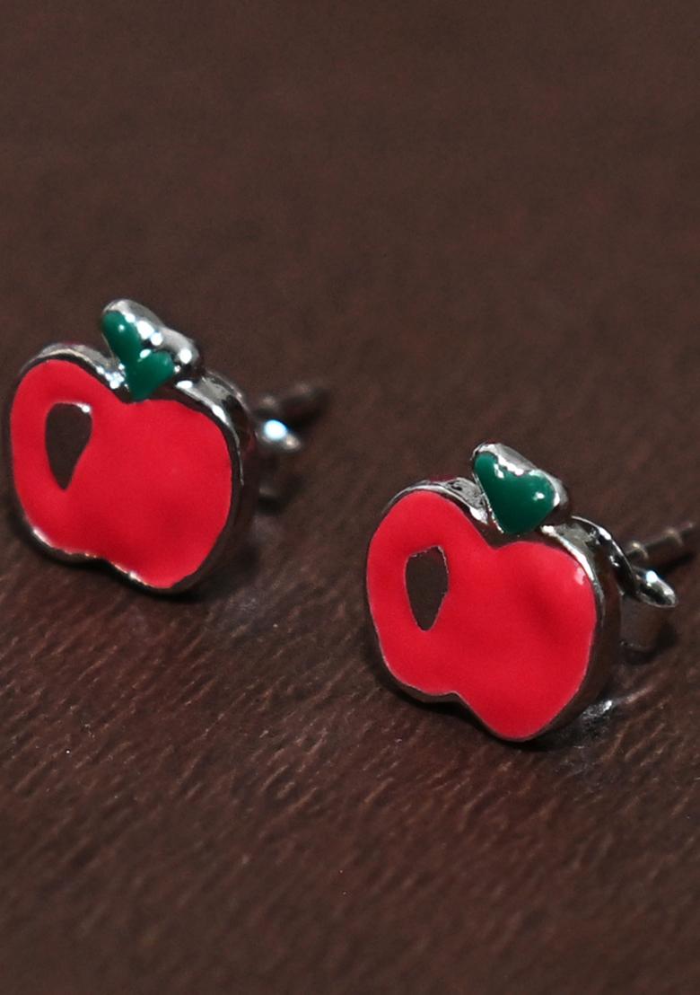 Red 925 Pure Silver Apple Inspired Stud Earrings