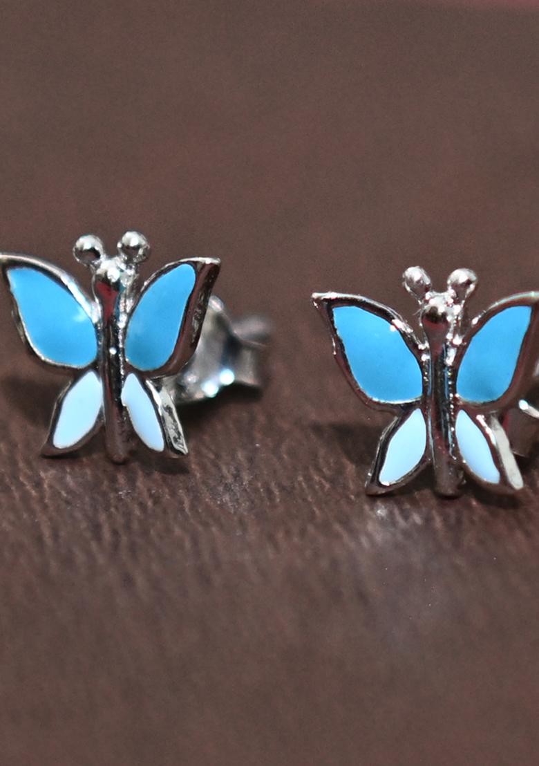 Blue 925 Pure Silver Butterfly Inspired Stud Earrings
