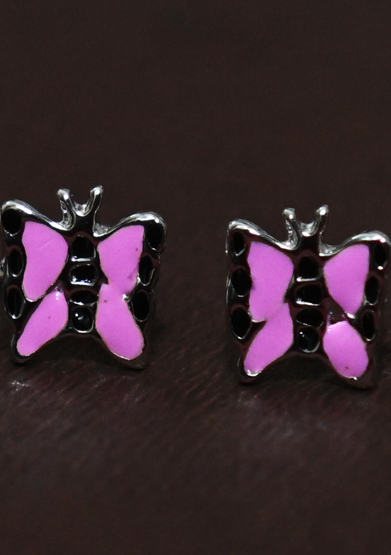 Pink And Black 925 Pure Silver Butterfly Inspired Stud Earrings
