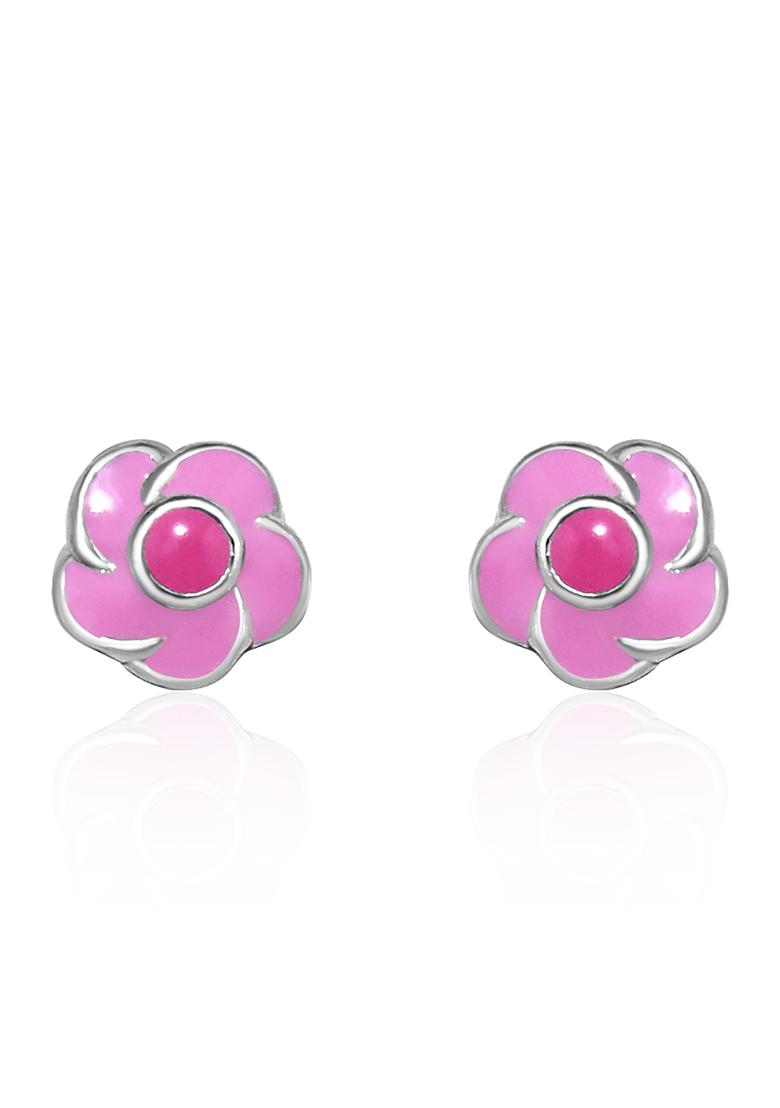 Pink 925 Pure Silver Floral Stud Earrings