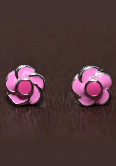 Pink 925 Pure Silver Floral Stud Earrings