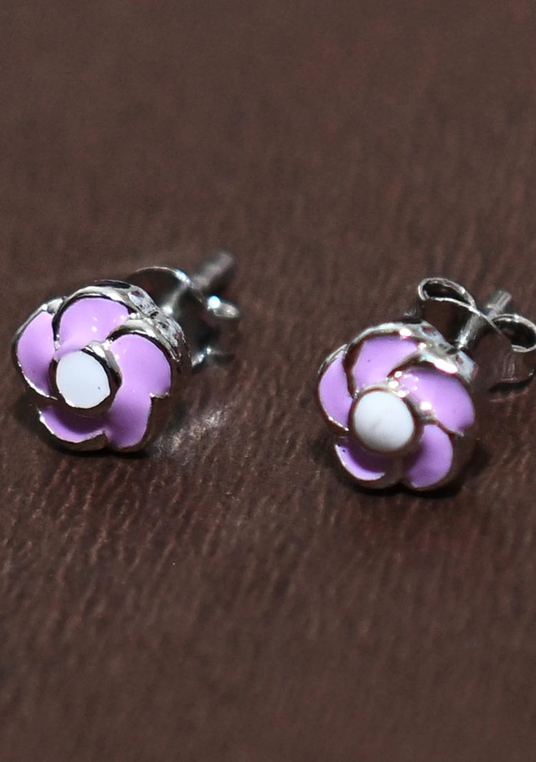 Purple 925 Pure Silver Floral Stud Earrings