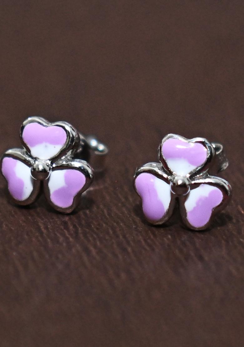 Purple 925 Pure Silver Floral Stud Earrings