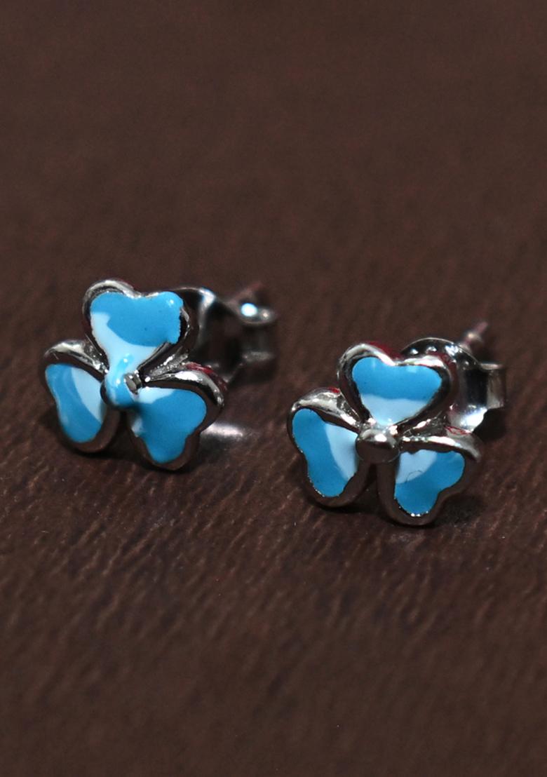 Blue 925 Pure Silver Floral Stud Earrings