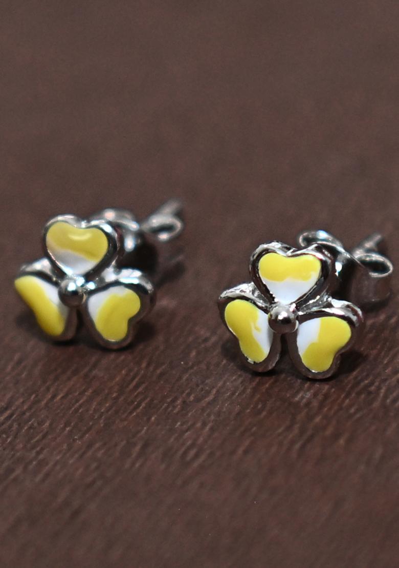 Yellow 925 Pure Silver Floral Stud Earrings
