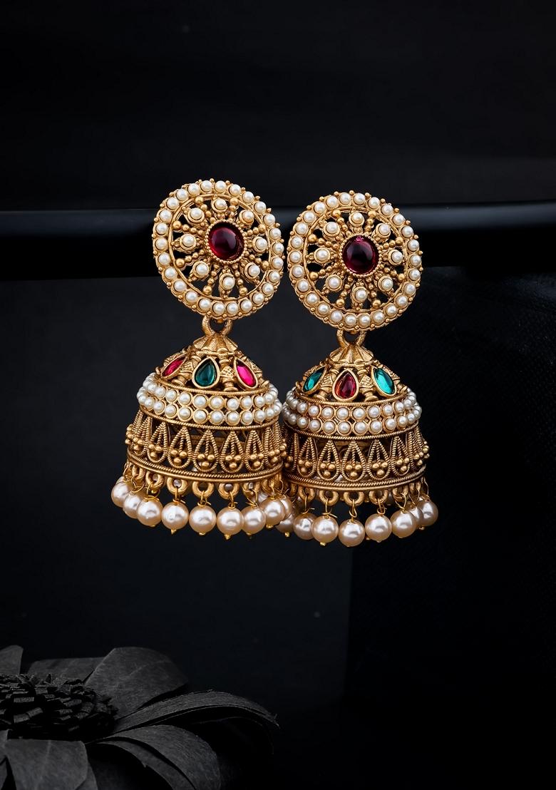 Multicolor And White Pearl Studed Gold Plated Drop Jhumka Earrings