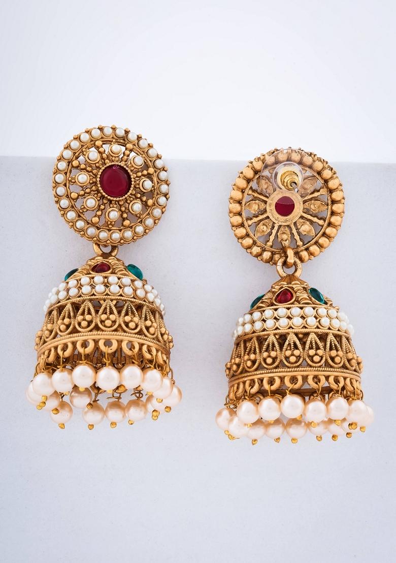 Multicolor And White Pearl Studed Gold Plated Drop Jhumka Earrings