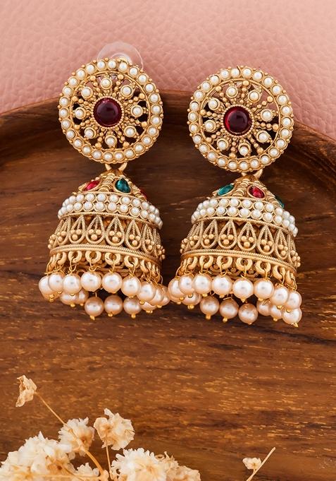 Multicolor And White Pearl Studed Gold Plated Drop Jhumka Earrings
