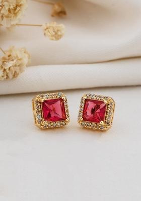 Gold Plated Pink Stone Square Shape Stud Earrings