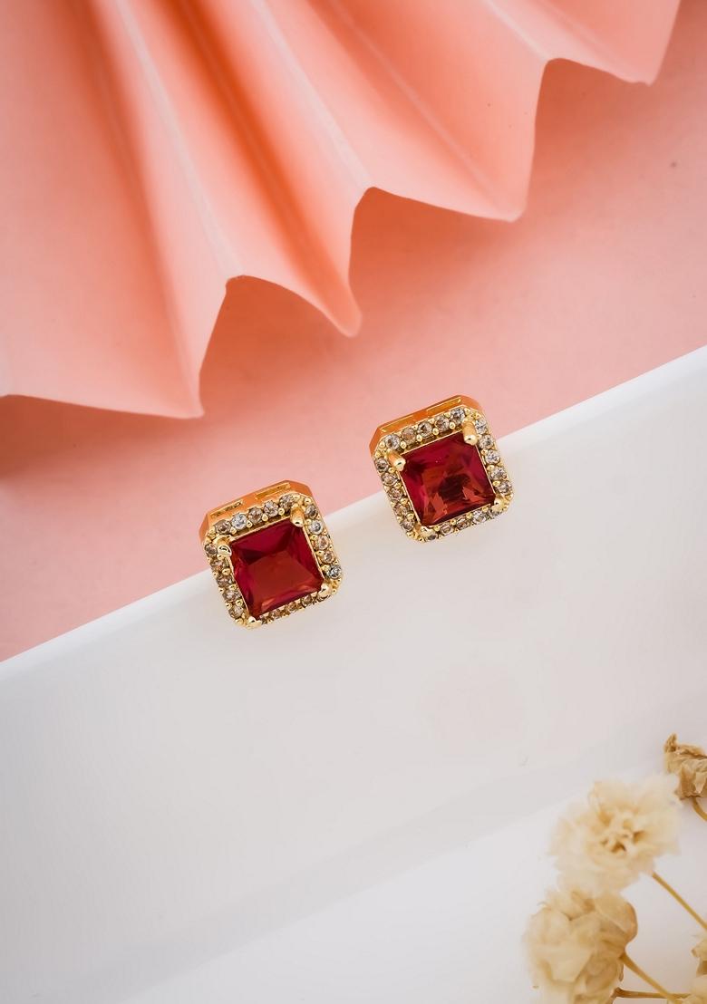 Gold Plated Pink Stone Square Shape Stud Earrings