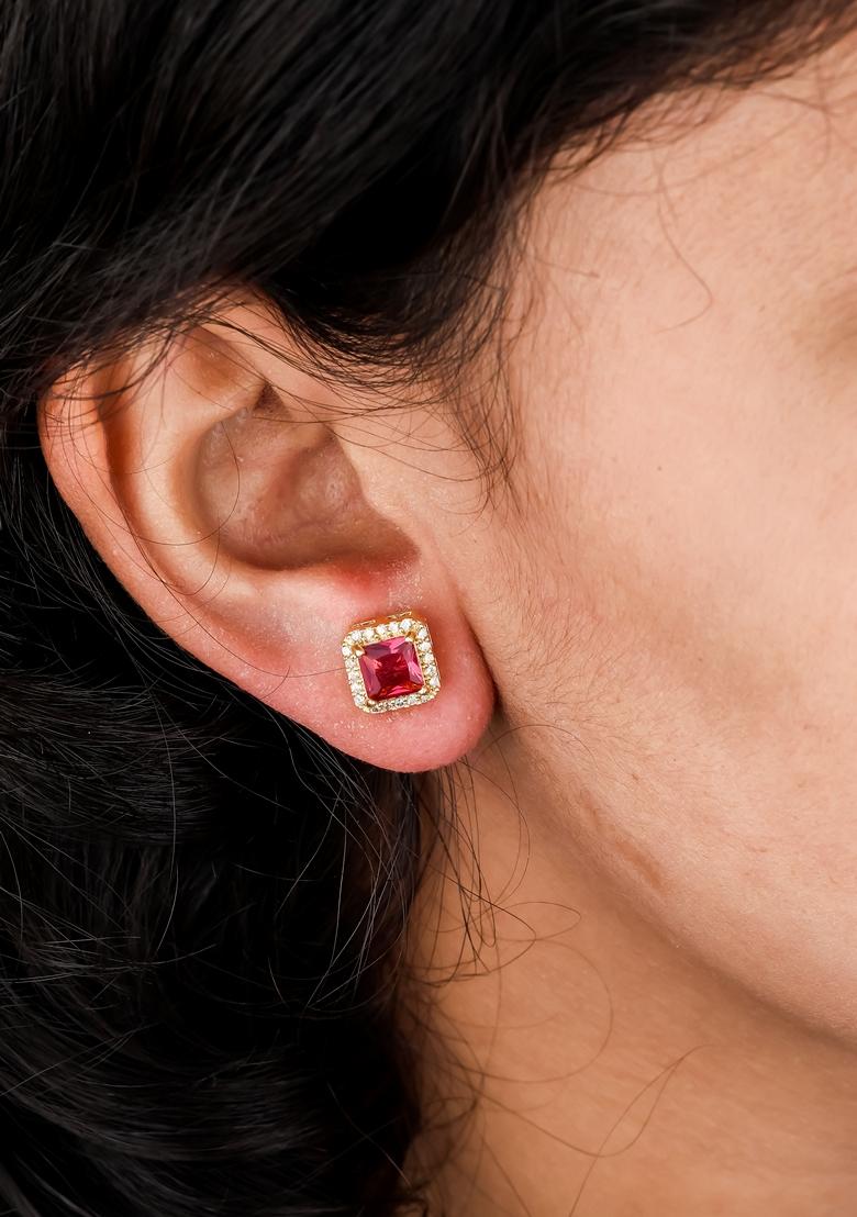Gold Plated Pink Stone Square Shape Stud Earrings
