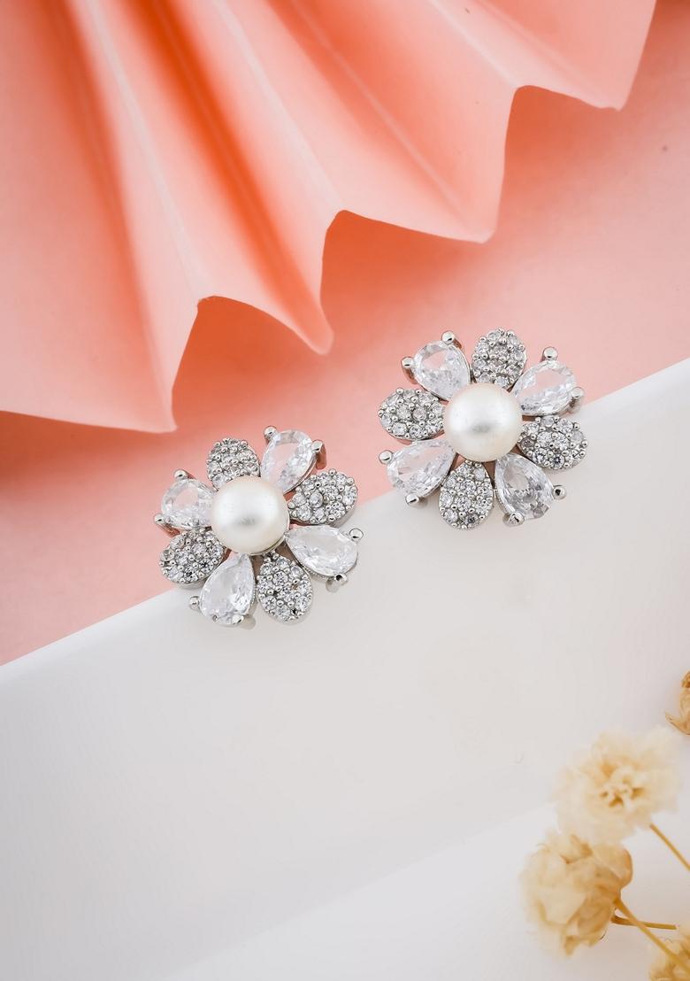 Silver Plated Cubic Zircon Pearl Studed Stud Earring