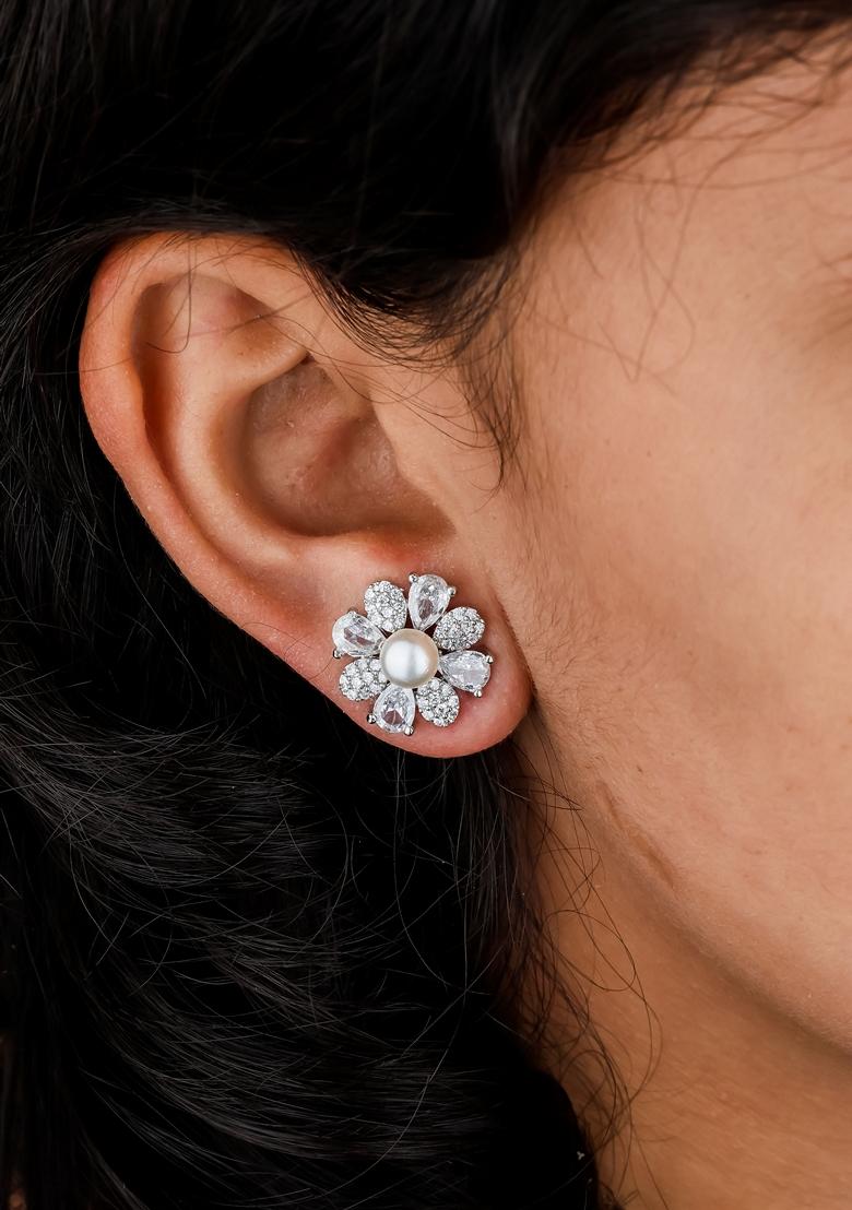 Silver Plated Cubic Zircon Pearl Studed Stud Earring
