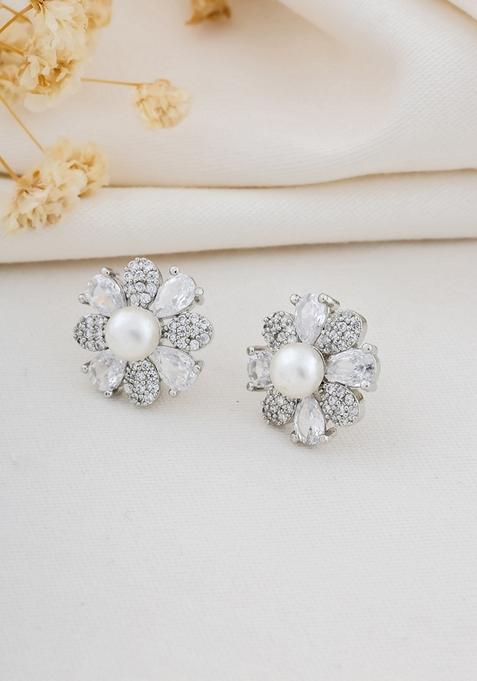 Silver Plated Cubic Zircon Pearl Studed Stud Earring