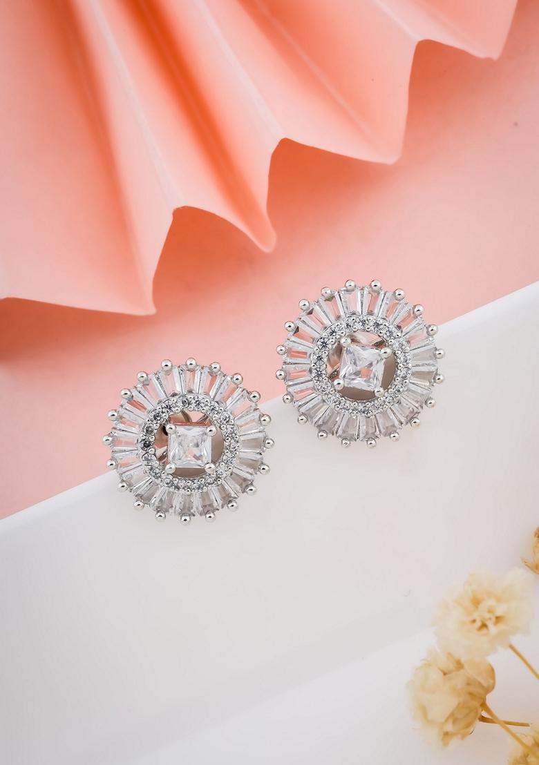 Silver Plated Cubic Zircon White Stone Studed Stud Earring