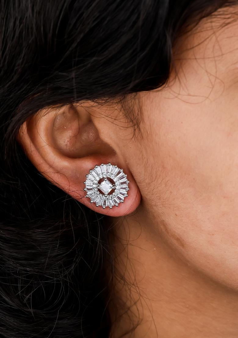 Silver Plated Cubic Zircon White Stone Studed Stud Earring