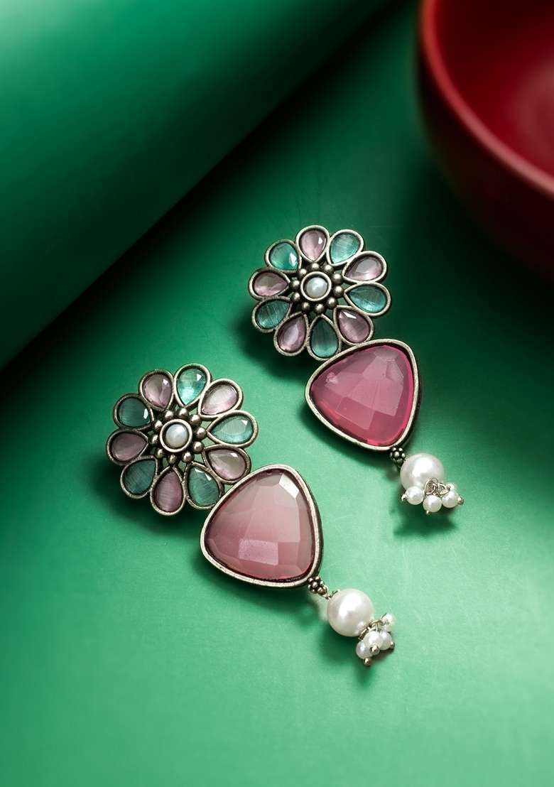 Pink Silver Plating Pearl Artificial Beads Earrings - Indya