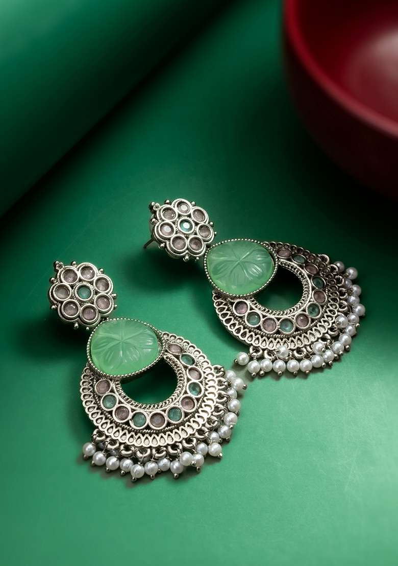 Mint Green Silver Plating Pearl Artificial Beads Earrings - Indya