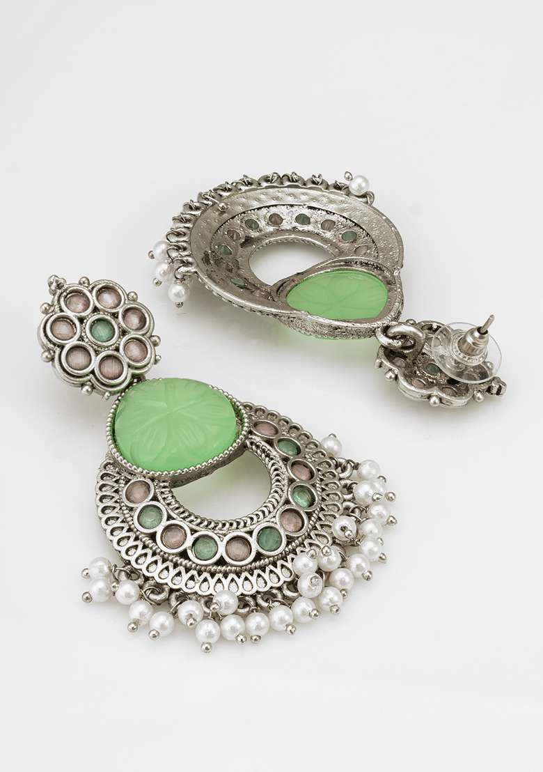 Mint Green Silver Plating Pearl Artificial Beads Earrings - Indya