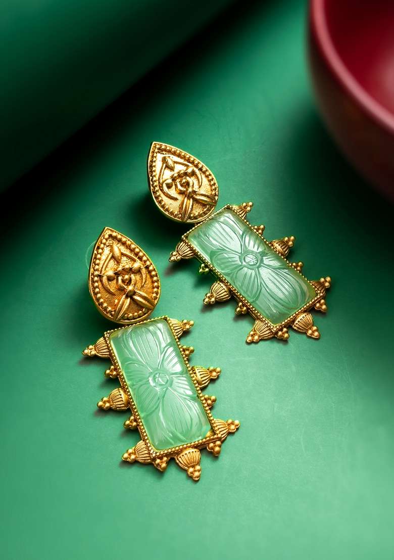 Mint Green Gold Plating Pearl Artificial Beads Earrings - Indya
