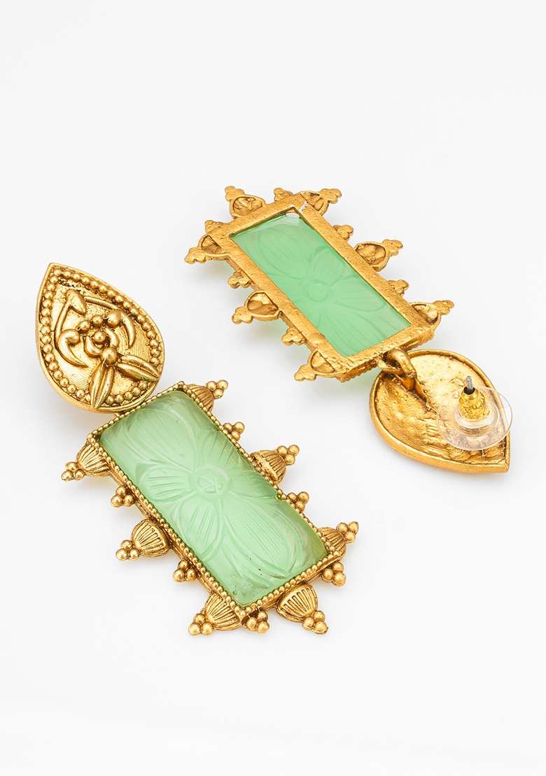 Mint Green Gold Plating Pearl Artificial Beads Earrings - Indya