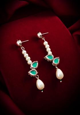 Green Silver Plating Kundan Artificial Beads Earrings