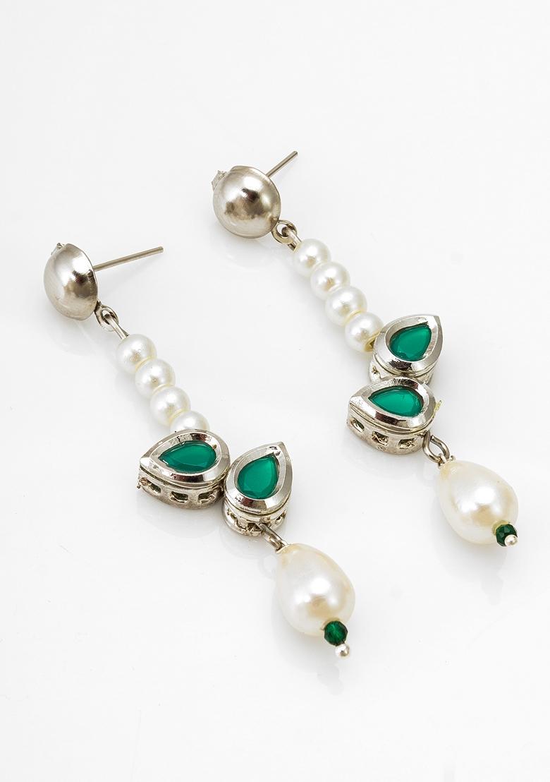 Green Silver Plating Kundan Artificial Beads Earrings