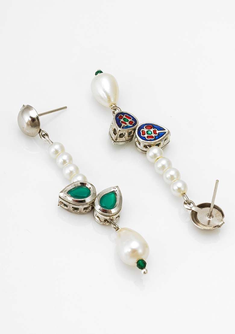 Green Silver Plating Kundan Artificial Beads Earrings - Indya