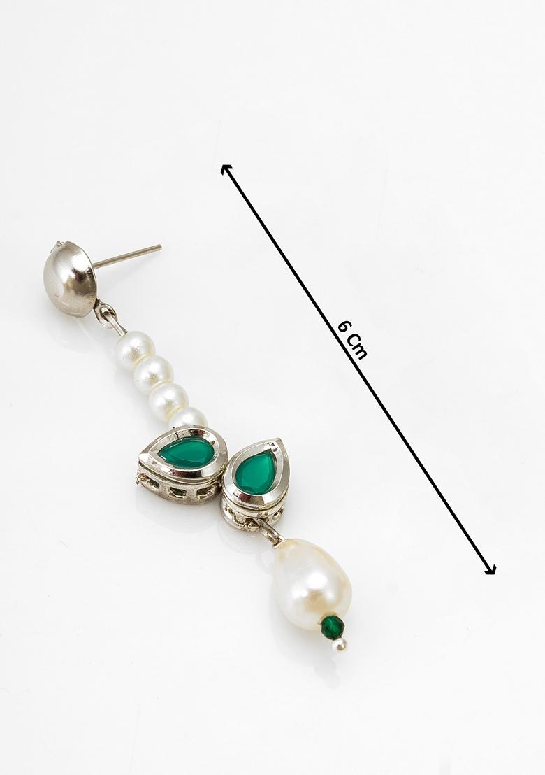 Green Silver Plating Kundan Artificial Beads Earrings