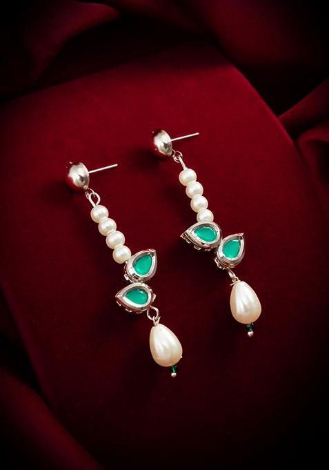 Green Silver Plating Kundan Artificial Beads Earrings