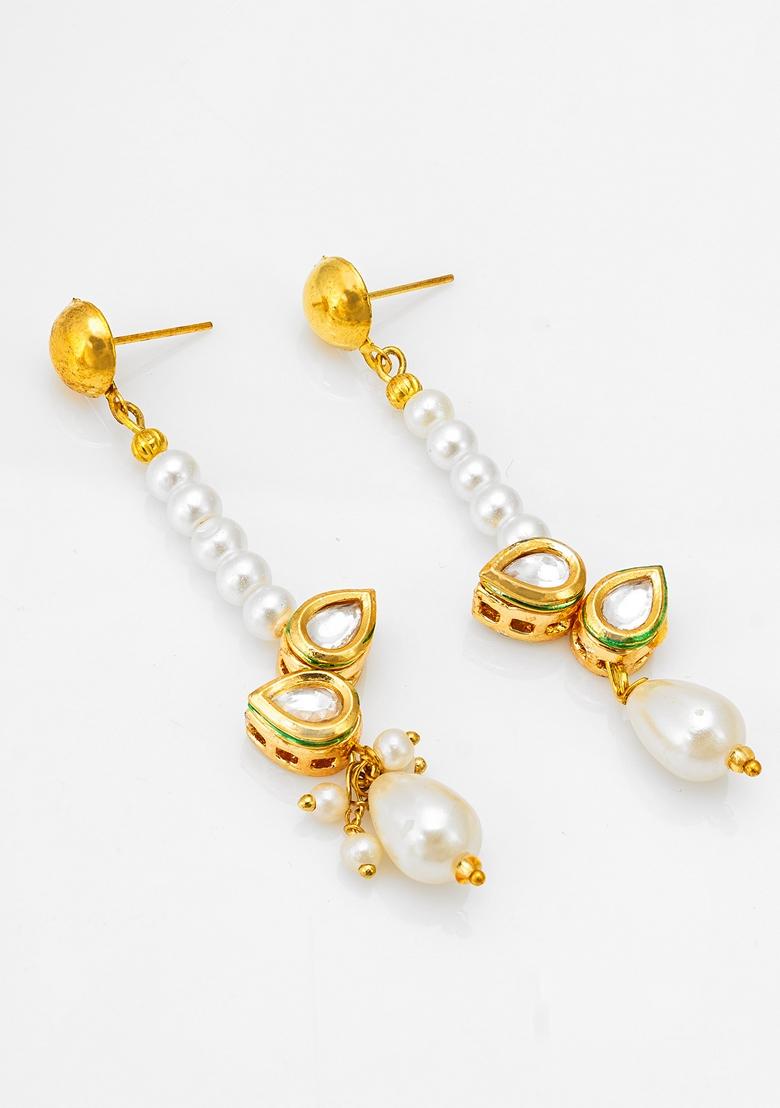 White Gold Plating Kundan Artificial Beads Earrings